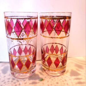 Vintage MCM Culver Glass Set of 2 Rare Pink Diamonds & Gold Highball Glasses 8oz